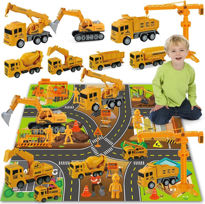 Construction Vehicle Toy Truck w/Play Mat Road Signs, Dump Trucks, Excavator, Cement Mixer Trucks, Crane, Engineering Vehicles Toys Set