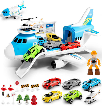 Transport Cargo Airplane Car Toy Play Set for Boys and Girls Ages 3 and Up - Includes 4 Cars, 1 Helicopter, Kids DIY Preschool Toy Gift
