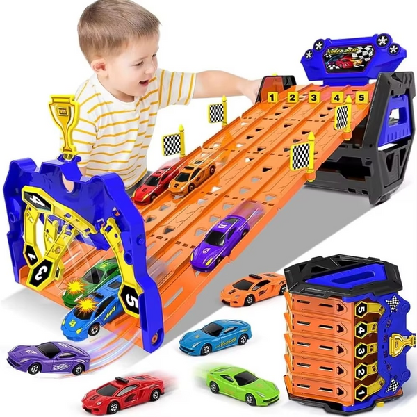 Upgraded 5 Tracks Truck Toy Cars for Boys Portable Race Track Truck Toy 5 Race Cars Carrier Vehicles Set for Kids Girls