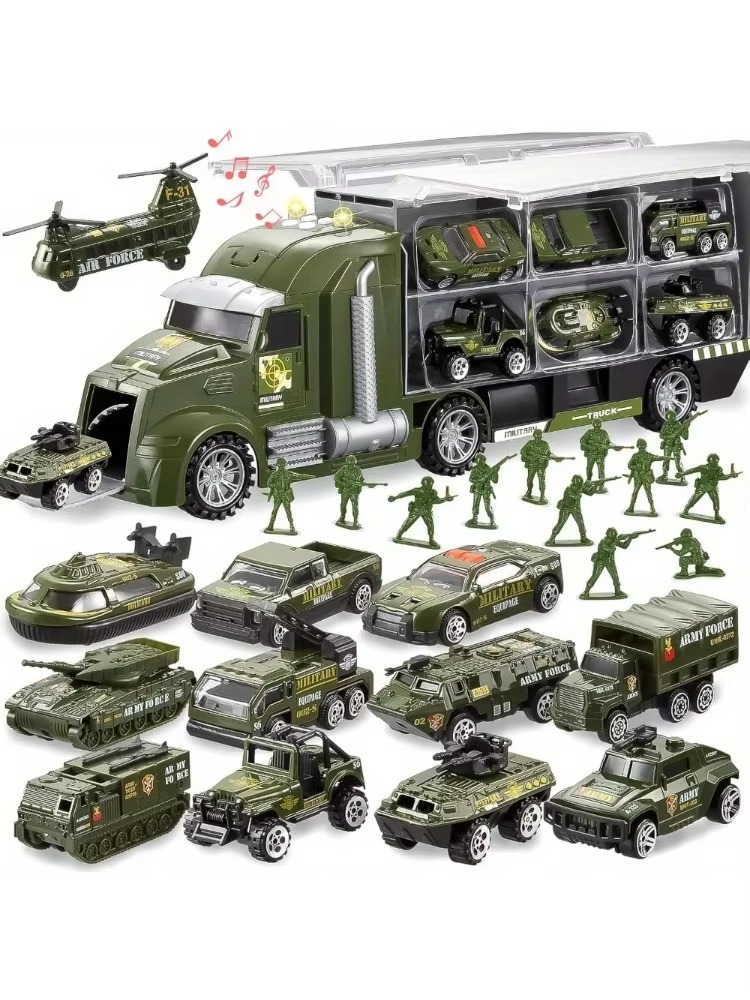 25 in 1 Green Military Big Truck Toys Army Men Tanks Set Mini Battle Car Toy for Kids Birthday Christmas Gift