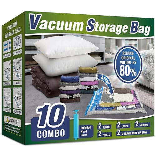 Vacuum Storage Bags for Clothes, 10 Pack Vacuum Bags, Space Saver Bags for Clothes, Duvets and Pillows, Hand Pump Included (Combo)